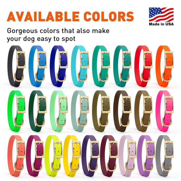 Biothane collars for dogs with brass hardware, waterproof and smell proof, 26 colors available, size S: 12 to 15 inches