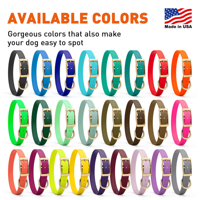 Biothane collars for dogs with brass hardware, waterproof and smell proof, 26 colors available, size M: 15 to 18 inches