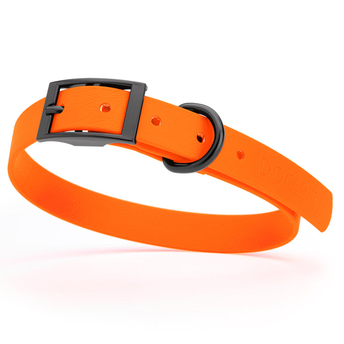 Hunter Orange dog collar with black hardware, made from waterproof Biothane, medium