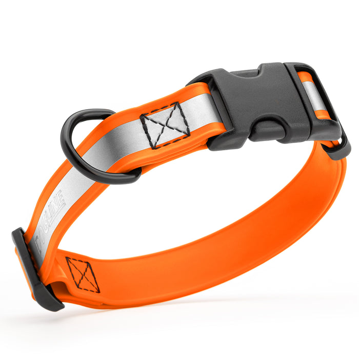 Orange reflective dog collar with quick release buckle and wide reflective strip, made from waterproof Biothane, 3/4-inch wide