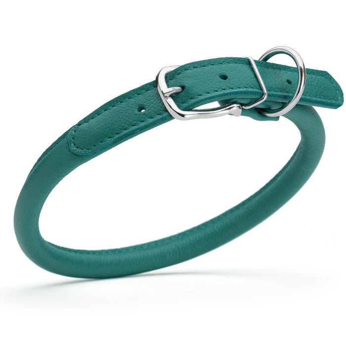 Teal leather dog collar with metal buckle, size L to XL