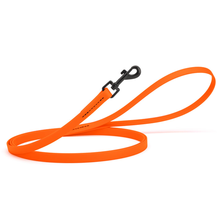 Hunter Orange dog leash with black snap hook, made from waterproof Biothane, 1/2 inches wide