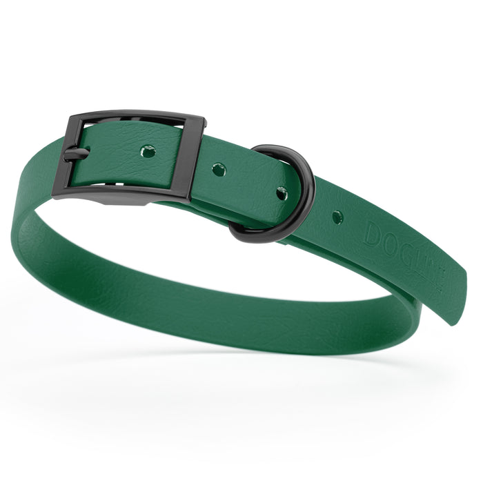 Hunter Green dog collar with black hardware, made from waterproof Biothane, medium