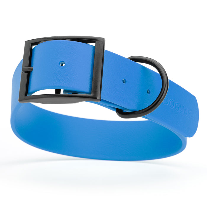 Cerulean Blue dog collar with black hardware, made from waterproof Biothane, X-large, 1.5 inches wide