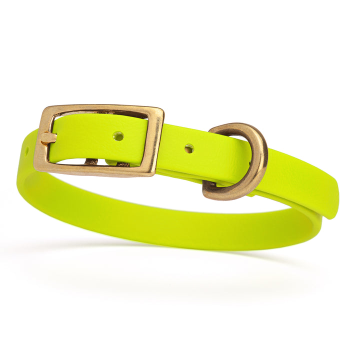 Safety Yellow dog collar with brass buckle and D-ring, made from waterproof Biothane,  x-small