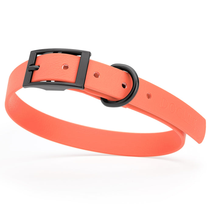 Coral dog collar with black hardware, made from waterproof Biothane, medium
