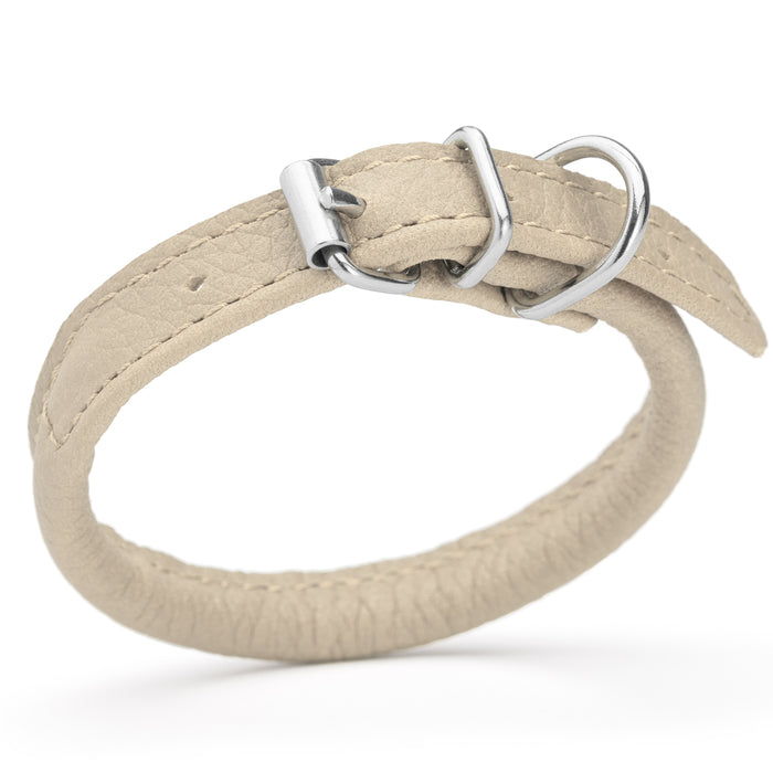 Beige leather dog collar with metal buckle, size 3XS to 2XS