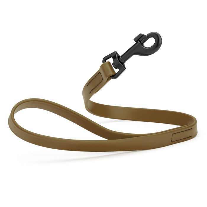 Coyote Brown 2 ft short dog leash with black snap hook, made from waterproof Biothane, 3/4 inches wide