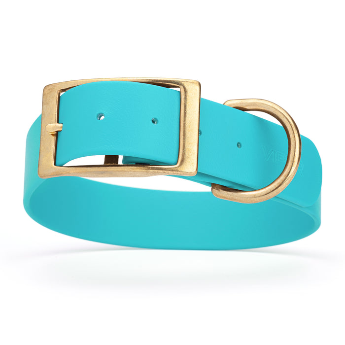 Sky blue dog collar with brass buckle and D-ring, made from waterproof Biothane, 1.5 in wide, X-large
