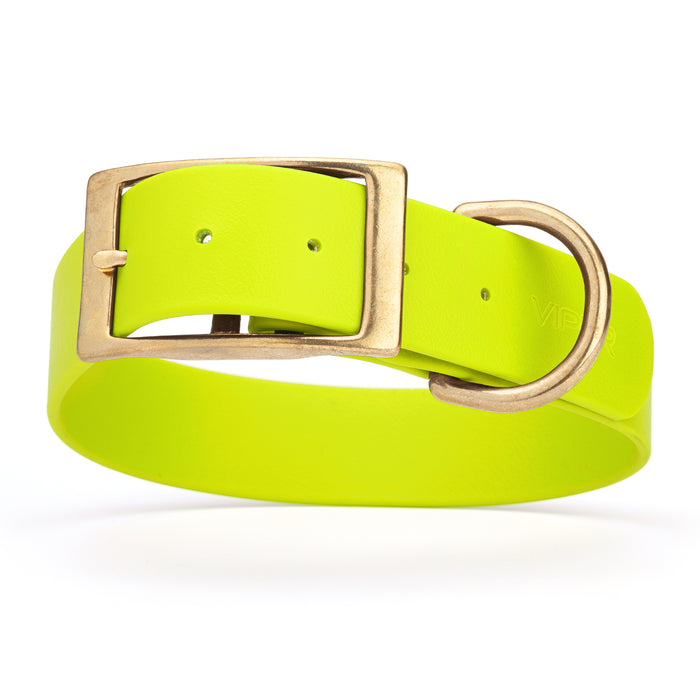 Safety Yellow dog collar with brass buckle and D-ring, made from waterproof Biothane, 1.5 in wide, X-large