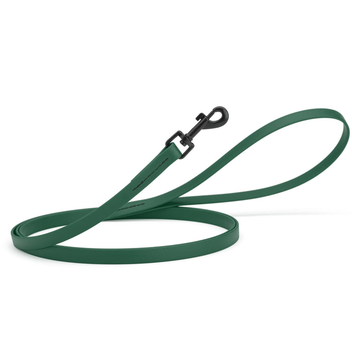 Hunter Green dog leash with black snap hook, made from waterproof Biothane, 1/2 inches wide