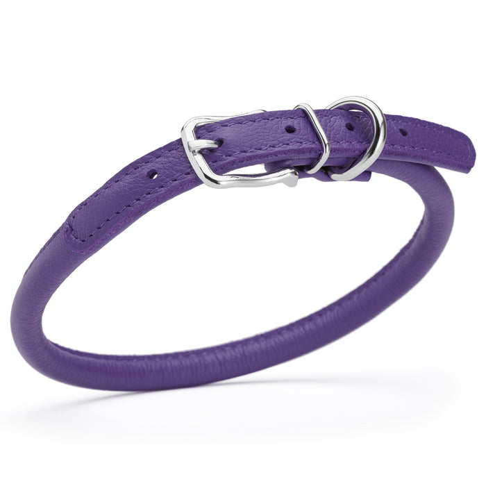 Purple leather dog collar with metal buckle, size M