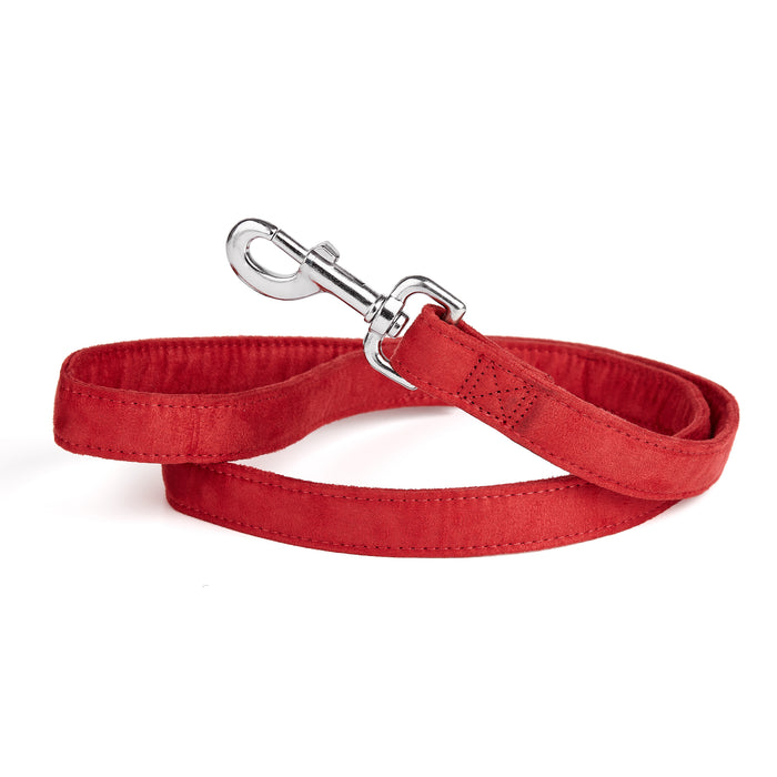 Red microfiber dog leash with metal snap hook