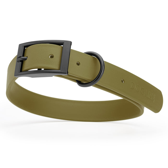 Olive Drab Green dog collar with black hardware, made from waterproof Biothane, large