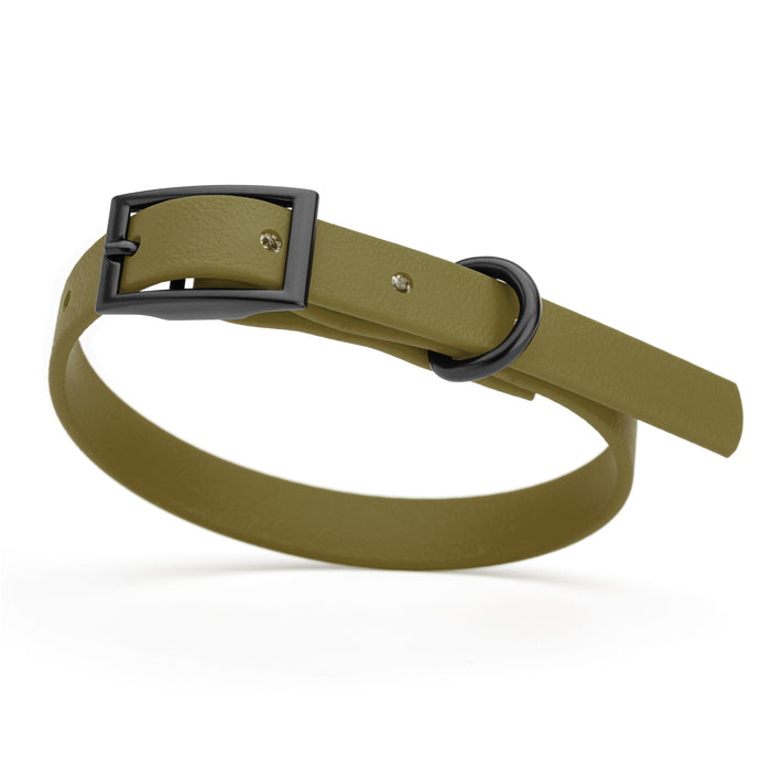 Olive Drab Green dog collar with black hardware, made from waterproof Biothane