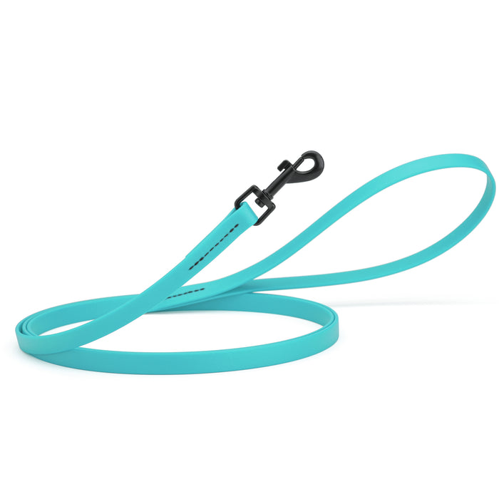 Sky Blue dog leash with black snap hook, made from waterproof Biothane, 1/2 inches wide