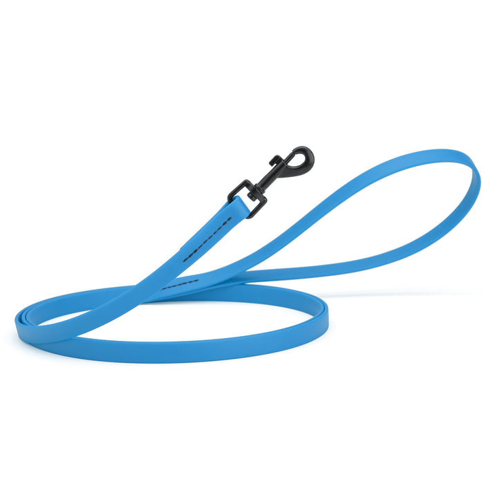 Cerulean Blue dog leash with black snap hook, made from waterproof Biothane, 1/2 inches wide