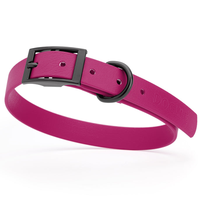 Magenta Pink dog collar with black hardware, made from waterproof Biothane, medium