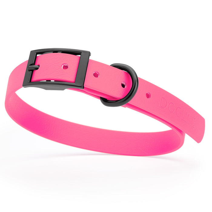 Passionfruit Pink dog collar with black hardware, made from waterproof Biothane, medium