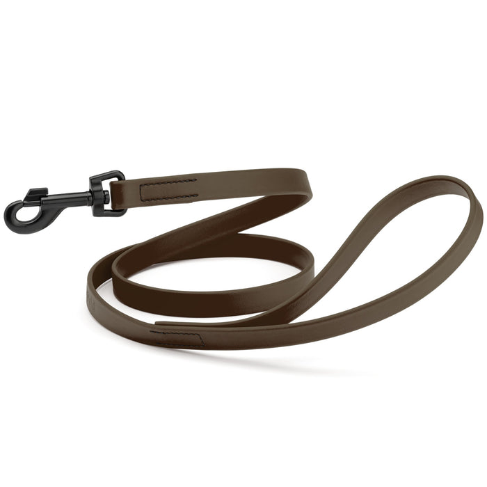 Dark Chocolate Brown dog leash with black snap hook, made from waterproof Biothane, 3/4 or 5/8 inches wide