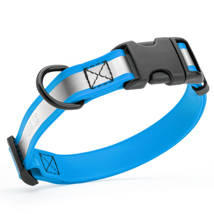 Blue reflective dog collar with quick release buckle and wide reflective strip, made from waterproof Biothane, 3/4-inch wide