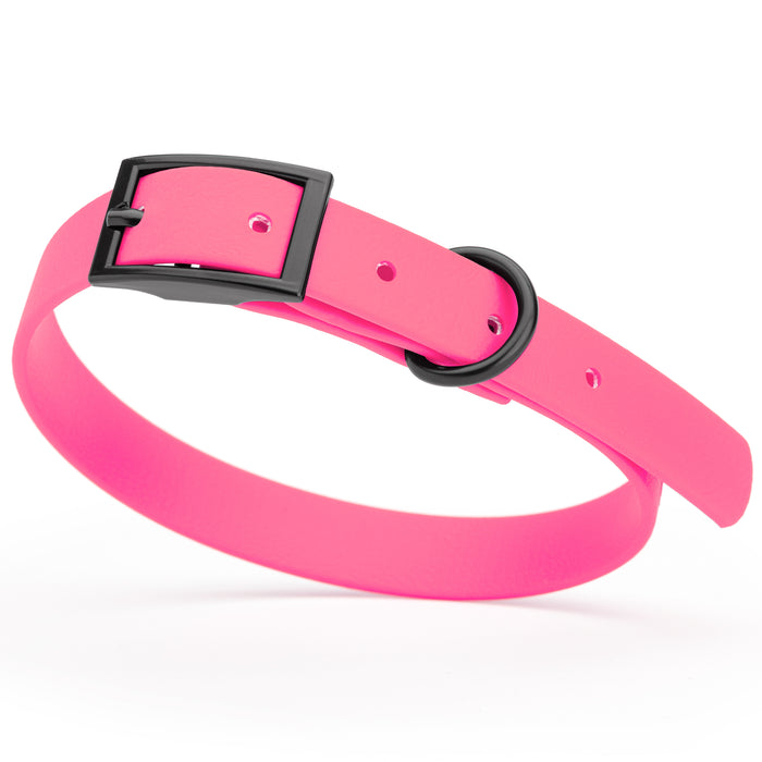 Passionfruit Pink dog collar with black hardware, made from waterproof Biothane, small