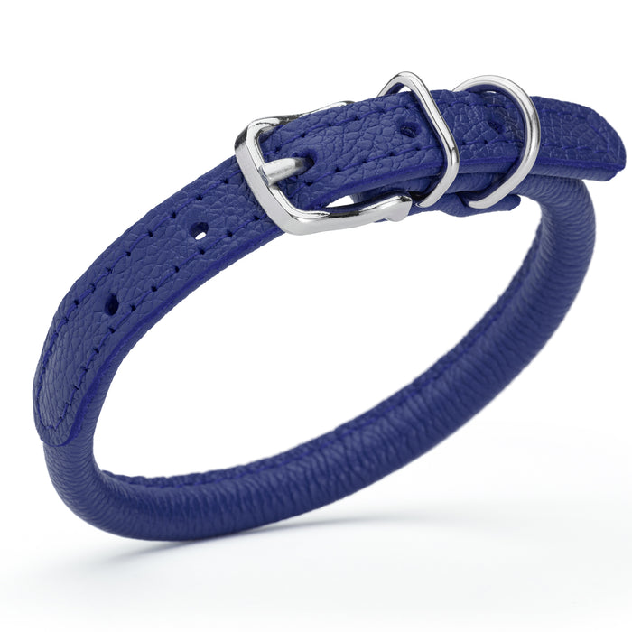 Blue leather dog collar with metal buckle, size XS to S