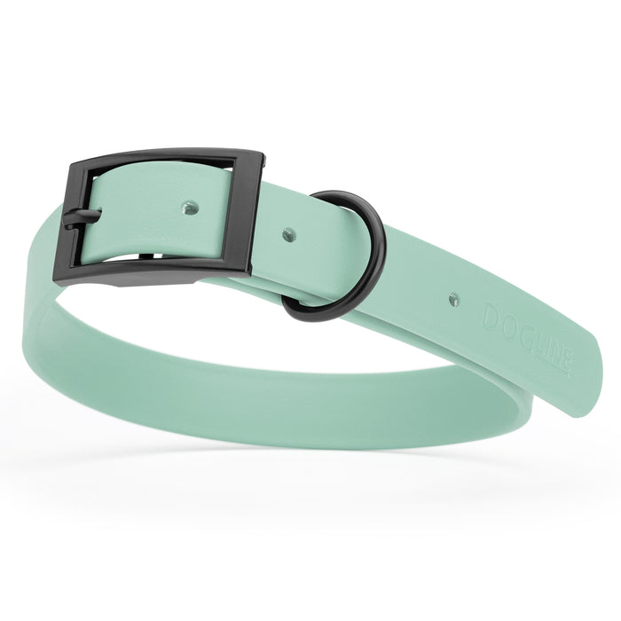Sage Green dog collar with black hardware, made from waterproof Biothane, large