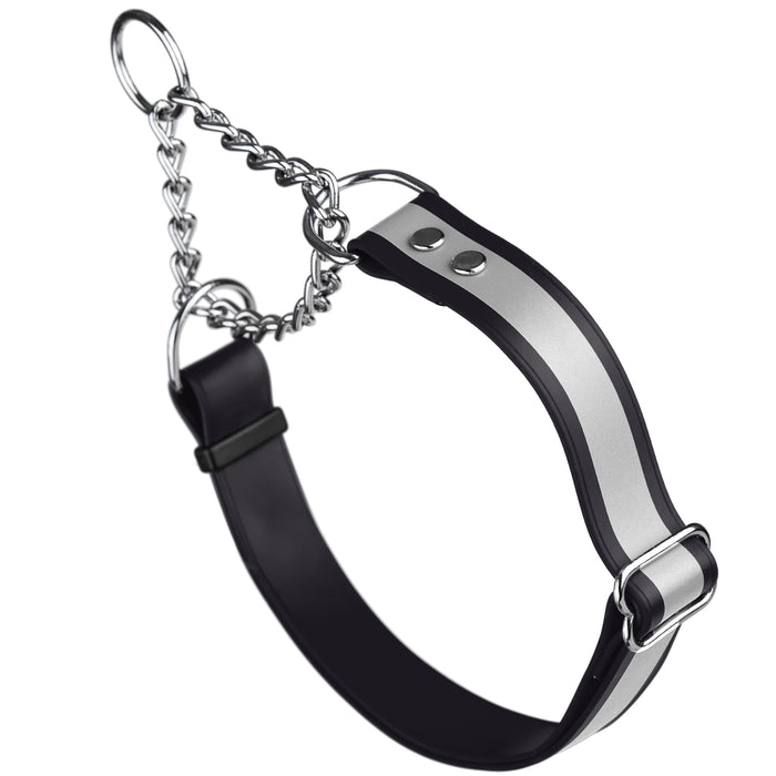 Black martingale dog collar with reflective strip and Herm Sprenger assembly chain, made from waterproof Biothane