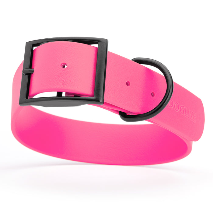 Passionfruit Pink dog collar with black hardware, made from waterproof Biothane, X-large, 1.5 inches wide
