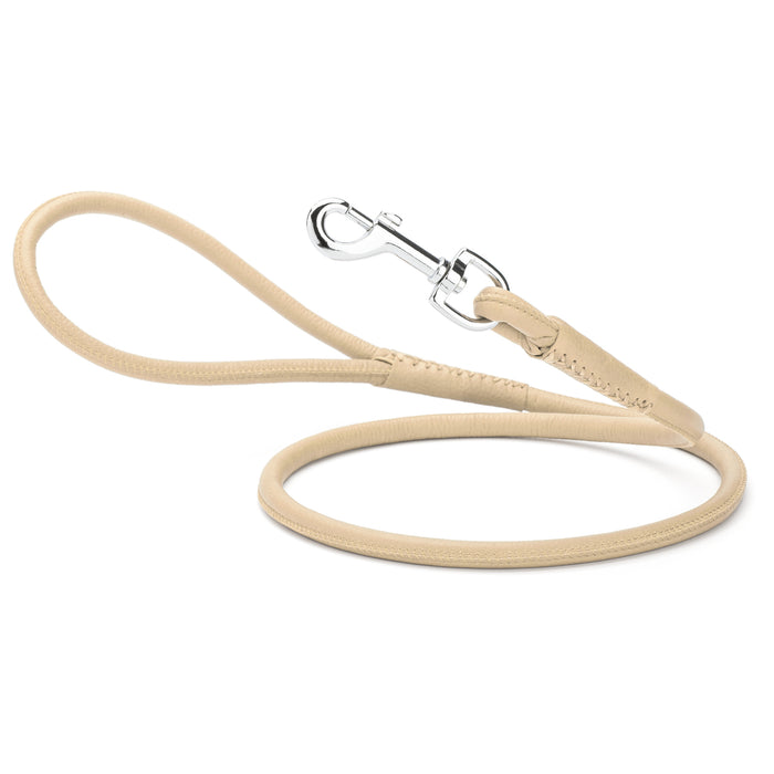 Beige leather dog lead with metal snap hook, 1/4- or 3/8-inch wide