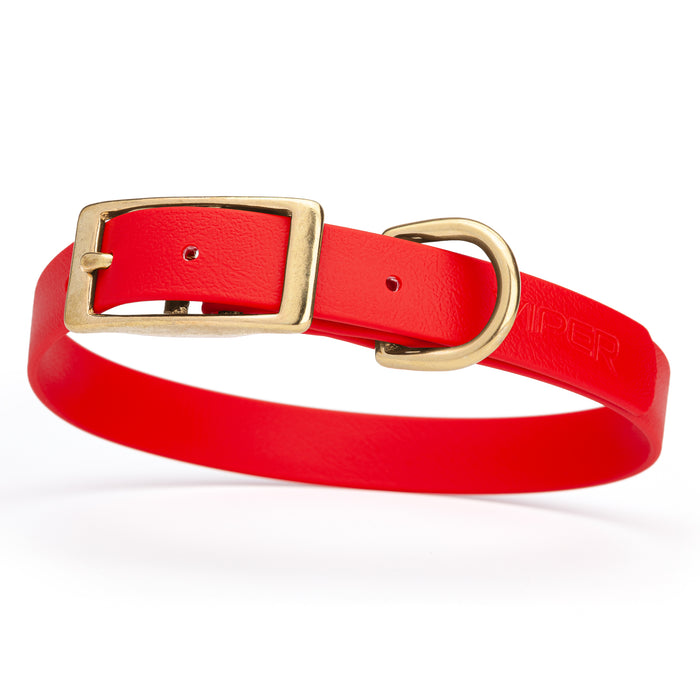 Cherry red dog collar with brass buckle and D-ring, made from waterproof Biothane, medium