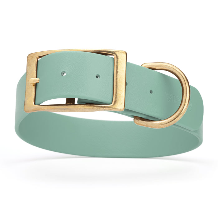 Sage Green dog collar with brass buckle and D-ring, made from waterproof Biothane, 1.5 in wide, X-large