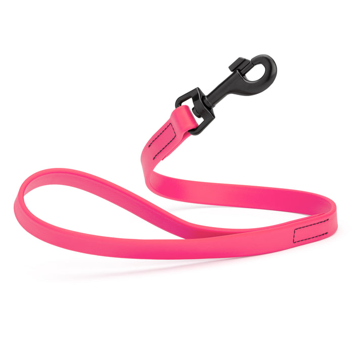 Passionfruit Pink 2 ft short dog leash with black snap hook, made from waterproof Biothane, 3/4 inches wide