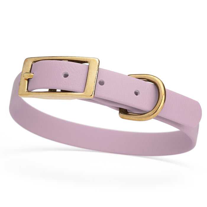Pastel Purple dog collar with brass buckle and D-ring, made from waterproof Biothane, small