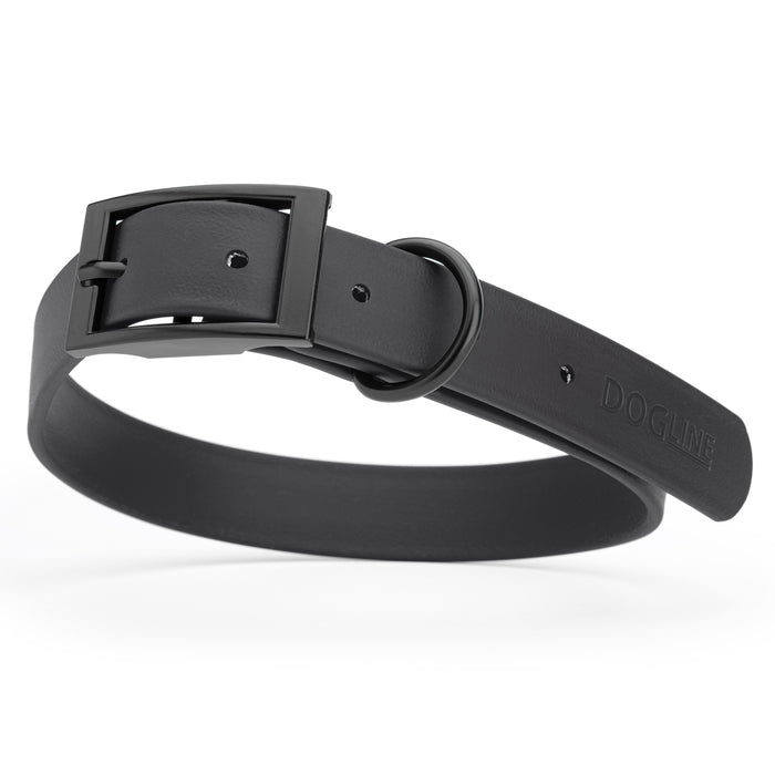 Black dog collar with black hardware, made from waterproof Biothane, large