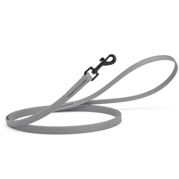 Battleship Gray dog leash with black snap hook, made from waterproof Biothane, 1/2 inches wide