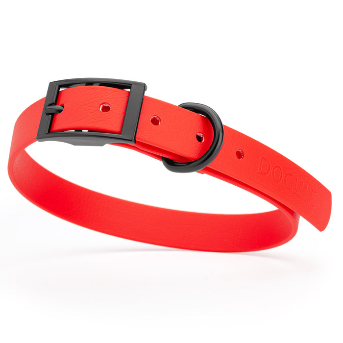 Cherry Red dog collar with black hardware, made from waterproof Biothane, medium