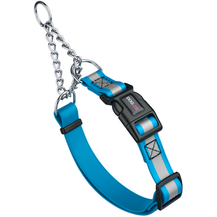 Blue martingale dog collar with reflective strip and quick release buckle, made from waterproof Biothane