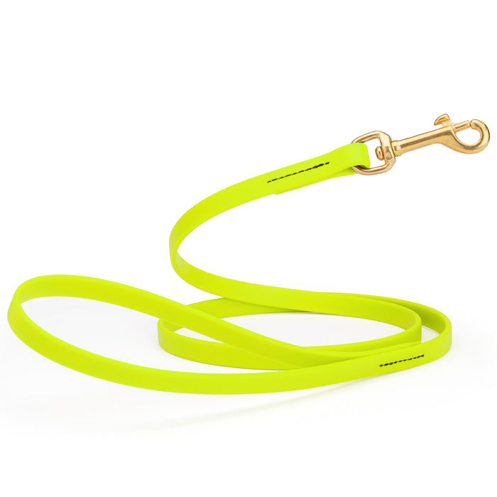 Safety Yellow dog leash with brass snap hook, made from waterproof Biothane, 1/2 inches wide