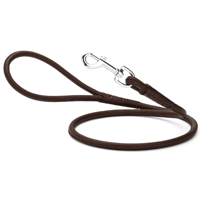 Dark brown leather dog lead with metal snap hook, 1/4- or 3/8-inch wide