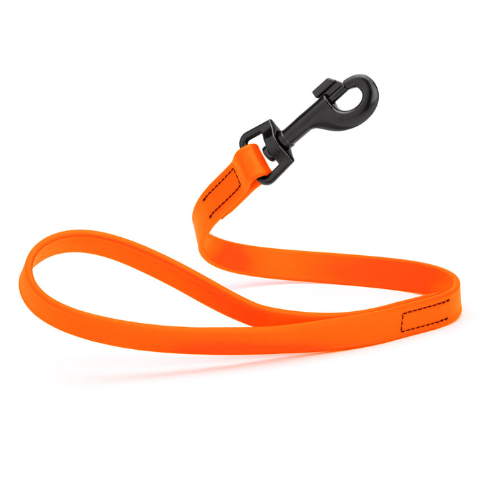 Hunter Orange 2 ft short dog leash with black snap hook, made from waterproof Biothane, 3/4 inches wide