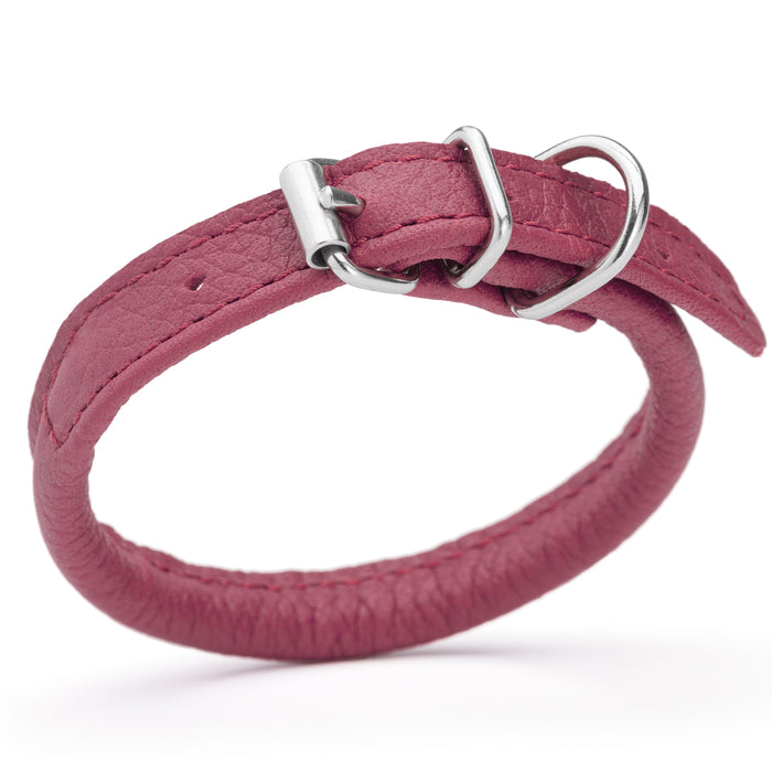 Pink leather dog collar with metal buckle, size 3XS to 2XS