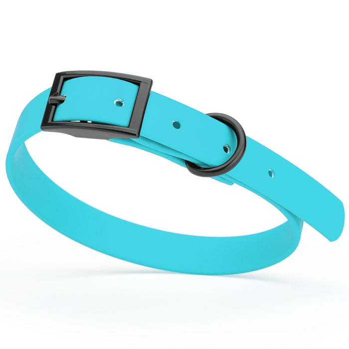 Sky Blue dog collar with black hardware, made from waterproof Biothane, small
