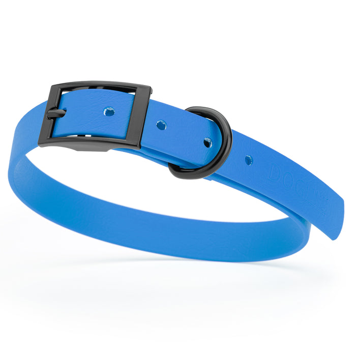 Cerulean Blue dog collar with black hardware, made from waterproof Biothane, medium