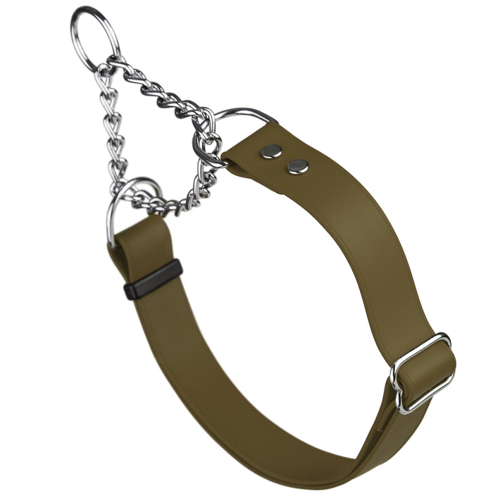 Coyote Brown adjustable martingale dog collar with Herm Sprenger assembly chain, made from waterproof Biothane