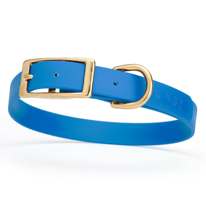 Cerulean Blue dog collar with brass buckle and D-ring, made from waterproof Biothane, medium