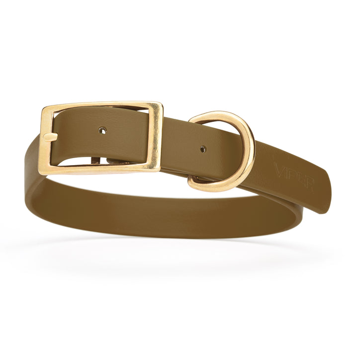 Coyote Brown dog collar with brass buckle and D-ring, made from waterproof Biothane, X-large