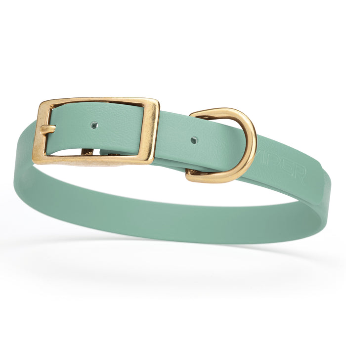 Sage Green dog collar with brass buckle and D-ring, made from waterproof Biothane, medium