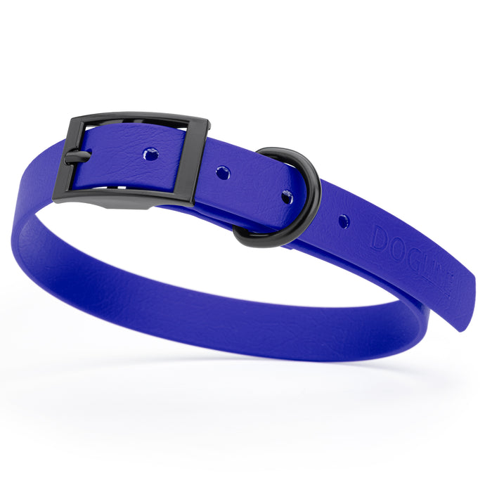Blueberry Royal dog collar with black hardware, made from waterproof Biothane, medium